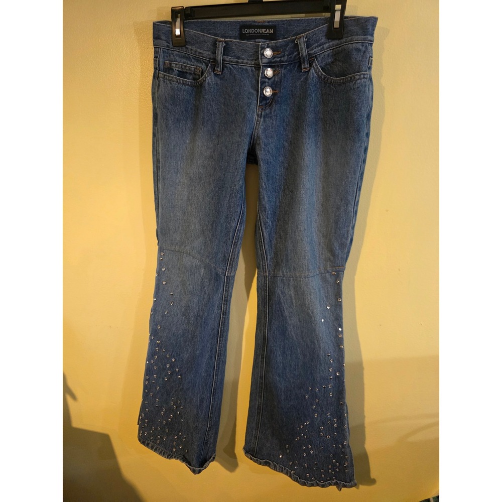 London Jean Embellished Rhinestone Flare Jeans Blue Cotton Button Fly Size 8